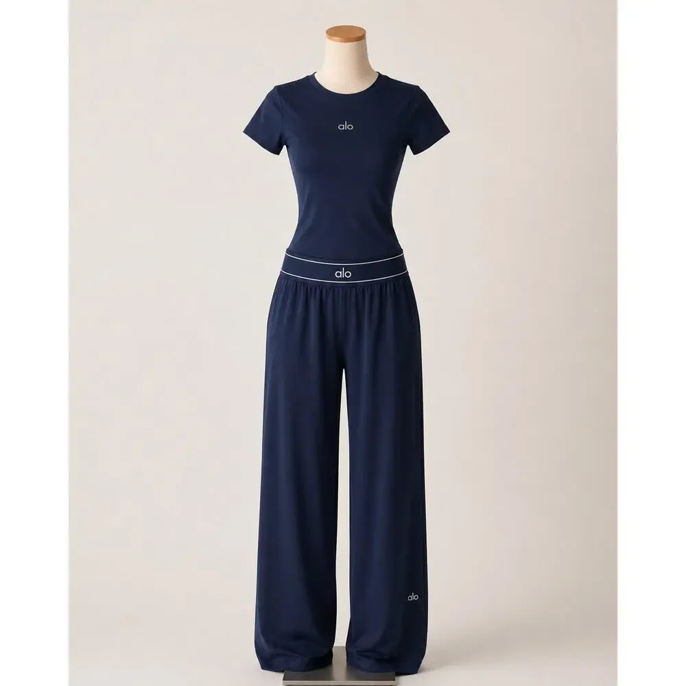 Women's Navy Activewear Set – Short Sleeve Top & Wide Leg Pants
